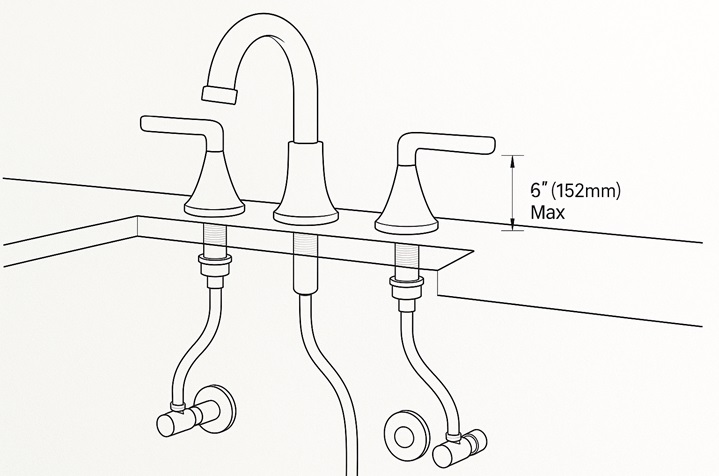 Rough-in diagram coordinating a chrome three hole widespread faucet with basin drilling and supply connections